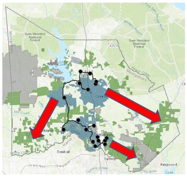 Map showing Montgomery 70% 1-ft Run solution areas